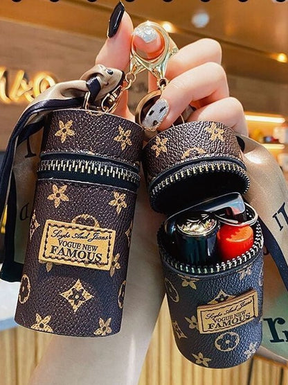 Khaki Mini Cylinder Lipstick Case Keychain with Silk Scarf Charm PU Leather Coin Purse Bag Pendant for Earphones Keys Vintage Floral Pattern - Image 3