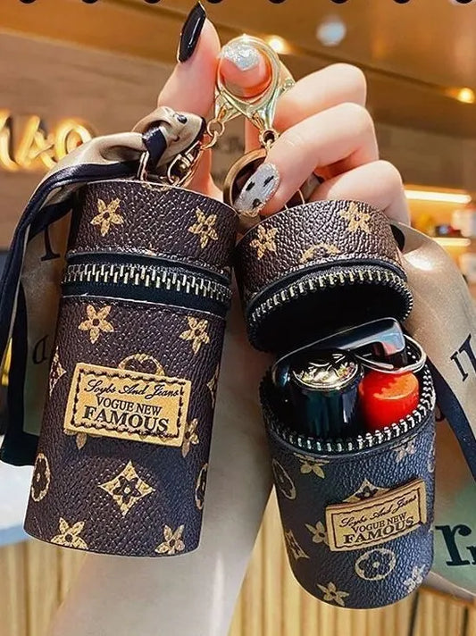 Women's Mini Cylinder Lipstick Case Keychain Brown Geometric Triangle Pattern Coin Purse with Silk Scarf Bag Charm for Earphones Keys - Image 3