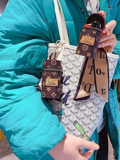 Women's Mini Cylinder Lipstick Case Keychain White Geometric Triangle Pattern Coin Purse with Silk Scarf Bag Charm for Earphones Keys - Image 4