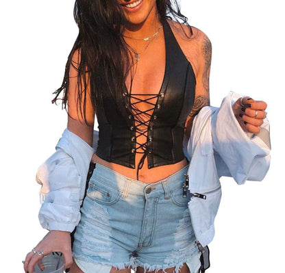 Women's Faux Leather Halter Crop Top Sexy Lace Up Deep V Camisole Gothic Punk Rave Festival Clubwear (Black, Size S) - Image 5