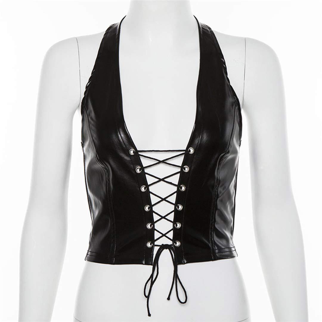 Women's Faux Leather Halter Crop Top Sexy Lace Up Deep V Camisole Gothic Punk Rave Festival Clubwear (Black, Size M)