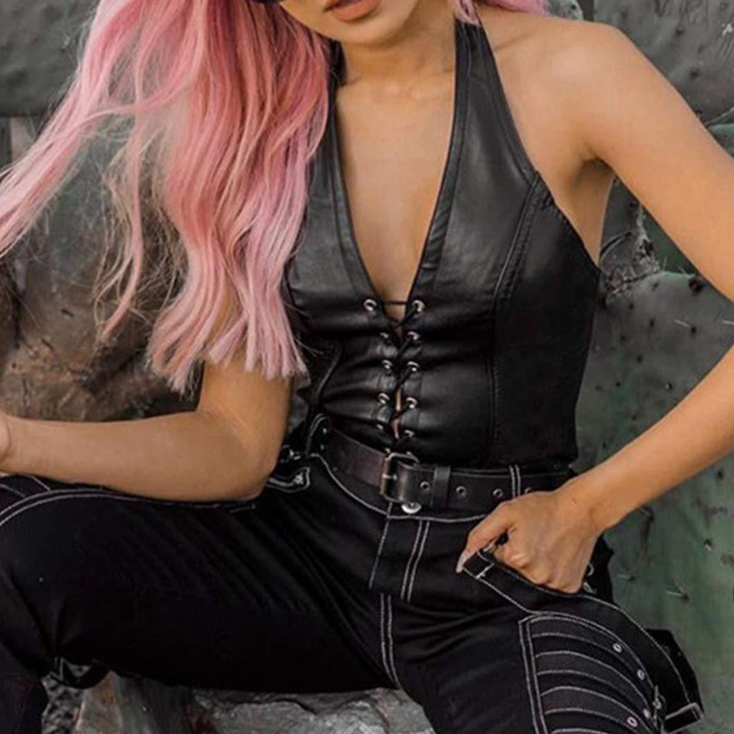 Women's Faux Leather Halter Crop Top Sexy Lace Up Deep V Camisole Gothic Punk Rave Festival Clubwear (Black, Size L) - Image 4