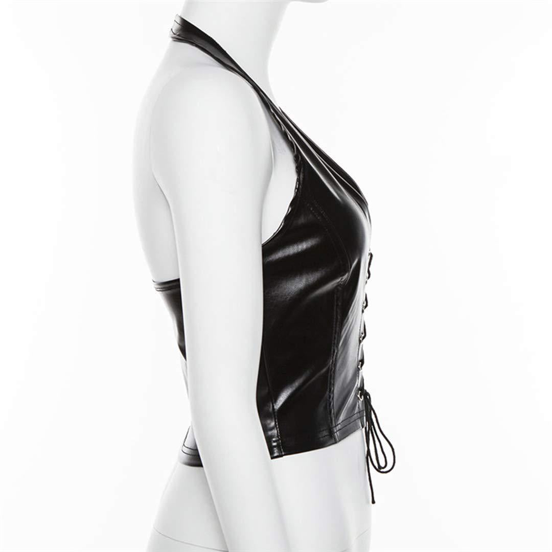 Women's Faux Leather Halter Crop Top Sexy Lace Up Deep V Camisole Gothic Punk Rave Festival Clubwear (Black, Size XL) - Image 2