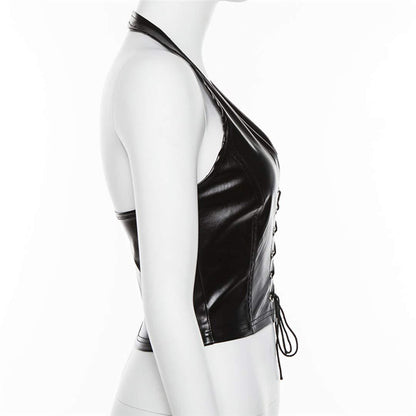 Women's Faux Leather Halter Crop Top Sexy Lace Up Deep V Camisole Gothic Punk Rave Festival Clubwear (Black, Size XL) - Image 2