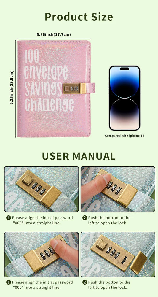 100 Envelope Savings Challenge Binder with Password Lock A5 Cash Stuffing Budget Planner Book Money Organizer for Couples (Black) - Image 5