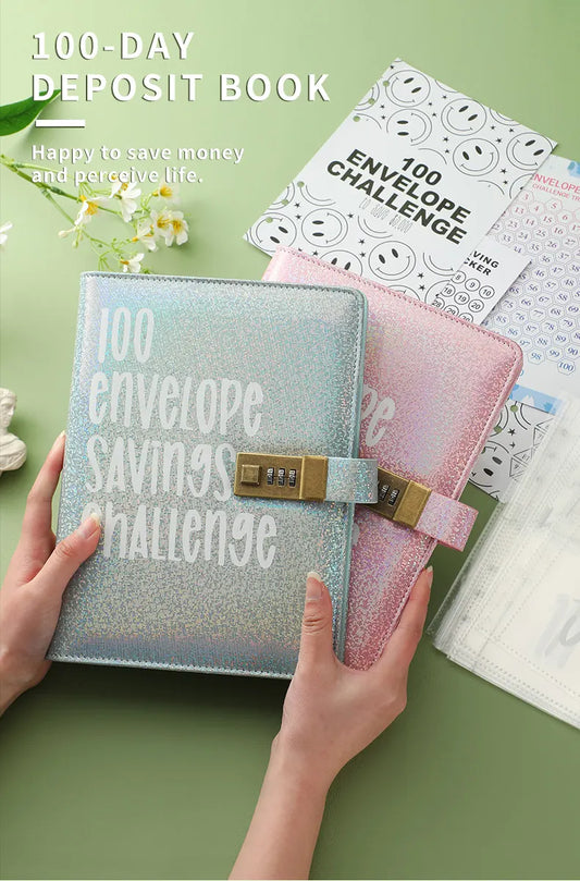 100 Envelope Savings Challenge Binder with Password Lock Holographic Pink A5 Cash Stuffing Budget Planner Book Money Organiser for Couples (Glitter Pink) - Image 2