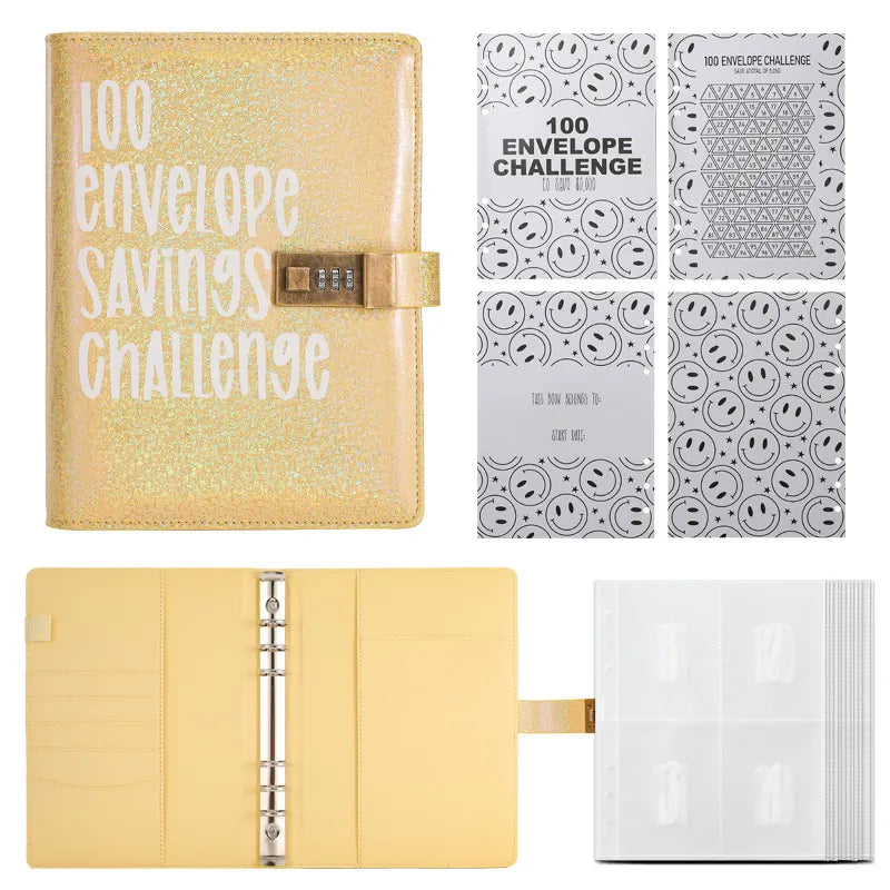 100 Envelope Savings Challenge Binder with Password Lock Holographic Yellow A5 Cash Stuffing Budget Planner Book Money Organiser for Couples (Glitter Yellow)