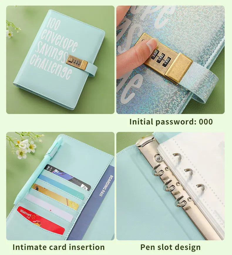 100 Envelope Savings Challenge Binder with Password Lock Holographic Yellow A5 Cash Stuffing Budget Planner Book Money Organiser for Couples (Glitter Yellow) - Image 3
