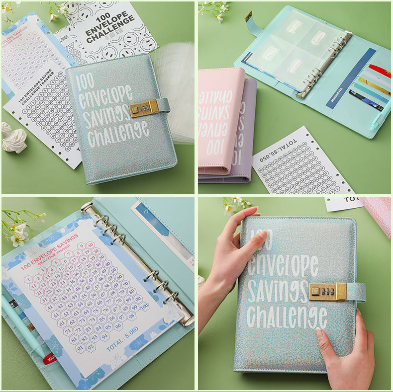 100 Envelope Savings Challenge Binder with Password Lock Holographic Blue A5 Cash Stuffing Budget Planner Book Money Organiser for Couples (Glitter Blue) - Image 7