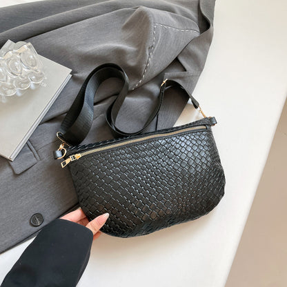 Women's Woven Crossbody Dumpling Bag Soft Vegan Leather Chest Waist Pack with Wide Adjustable Strap for Travel & Festivals (Black)