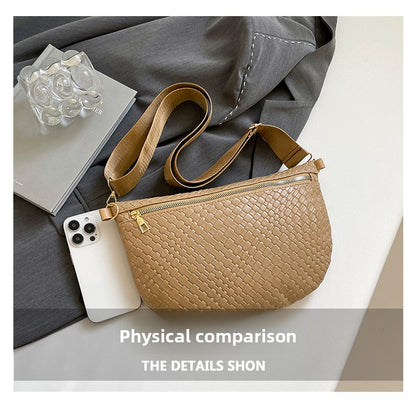 Women's Woven Crossbody Dumpling Bag Soft Vegan Leather Chest Waist Pack with Wide Adjustable Strap for Travel & Festivals (Red) - Image 5