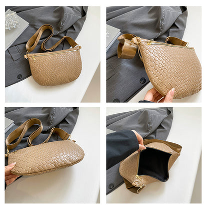 Women's Woven Crossbody Dumpling Bag Soft Vegan Leather Chest Waist Pack with Wide Adjustable Strap for Travel & Festivals (Khaki) - Image 2