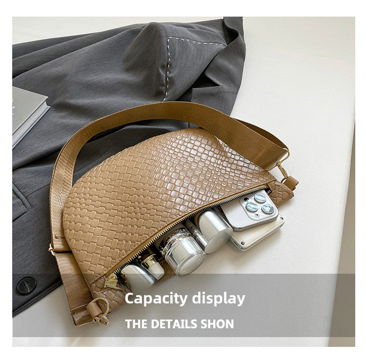 Women's Woven Crossbody Dumpling Bag Soft Vegan Leather Chest Waist Pack with Wide Adjustable Strap for Travel & Festivals (Khaki) - Image 4