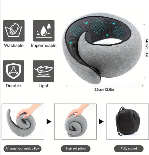 Memory Foam Travel Neck Pillow 360 Support Adjustable Snail Shape Chin Rest for Long Haul Flights Car & Office Portable with Storage Bag (Navy Blue) - Image 5