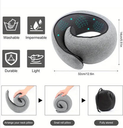 Memory Foam Travel Neck Pillow 360 Support Adjustable Snail Shape Chin Rest for Long Haul Flights Car & Office Portable with Storage Bag (Navy Blue) - Image 5