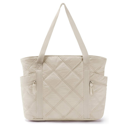 Womens Puffer Tote Bag Quilted Nylon Shoulder Handbag Large Capacity Laptop Work Travel Gym Carryall Bag with Zipper Beige