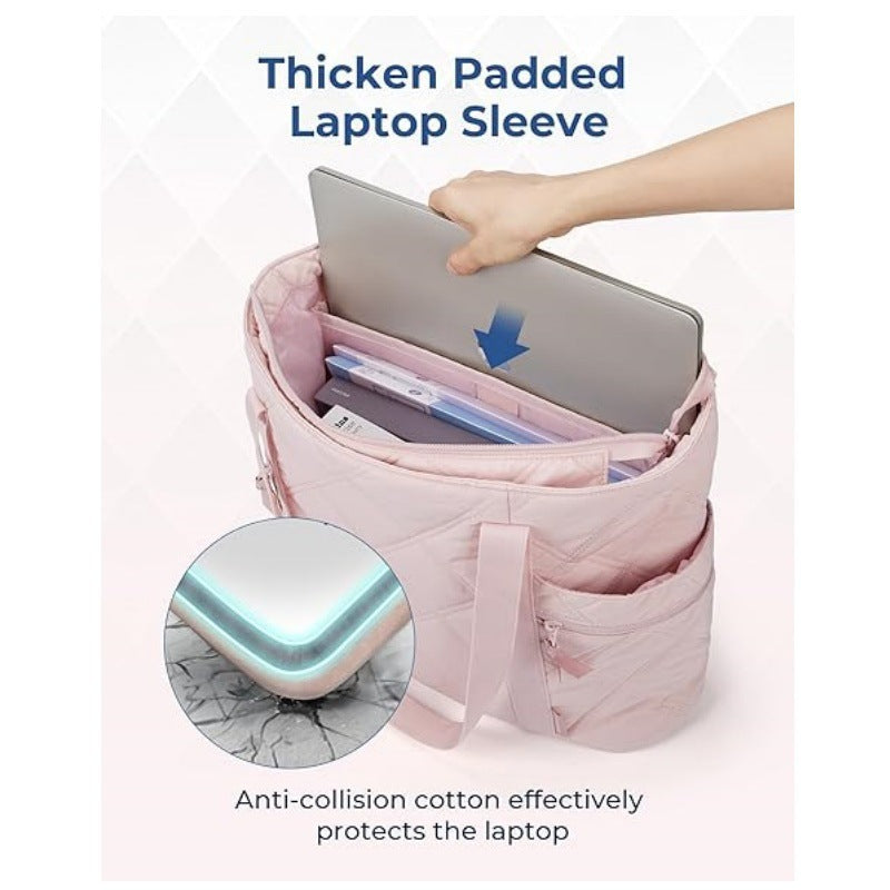 Womens Puffer Tote Bag Quilted Nylon Shoulder Handbag Large Capacity Laptop Work Travel Gym Carryall Bag with Zipper Beige - Image 2