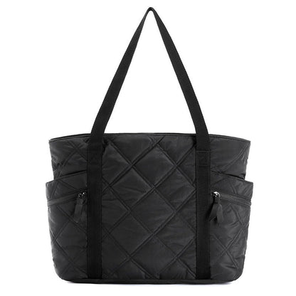 Womens Puffer Tote Bag Quilted Nylon Shoulder Handbag Large Capacity Laptop Work Travel Gym Carryall Bag with Zipper Black