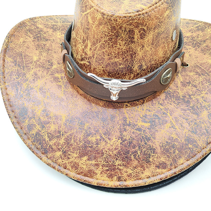 Retro Western Cowboy Hat Khaki Distressed Crackle Finish Bull Head Emblem Wide Brim Sun Protection Outback Bush Hat for Men Women L 58-60cm - Image 2