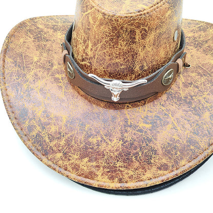 Retro Western Cowboy Hat Khaki Distressed Crackle Finish Bull Head Emblem Wide Brim Sun Protection Outback Bush Hat for Men Women L 58-60cm - Image 2