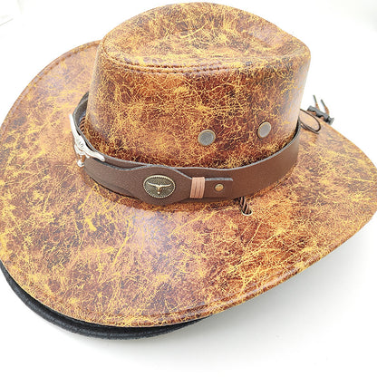 Retro Western Cowboy Hat Khaki Distressed Crackle Finish Bull Head Emblem Wide Brim Sun Protection Outback Bush Hat for Men Women L 58-60cm - Image 3
