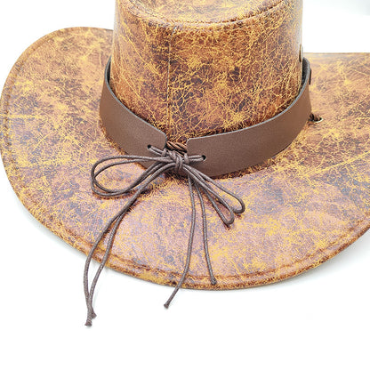 Retro Western Cowboy Hat Khaki Distressed Crackle Finish Bull Head Emblem Wide Brim Sun Protection Outback Bush Hat for Men Women L 58-60cm - Image 4