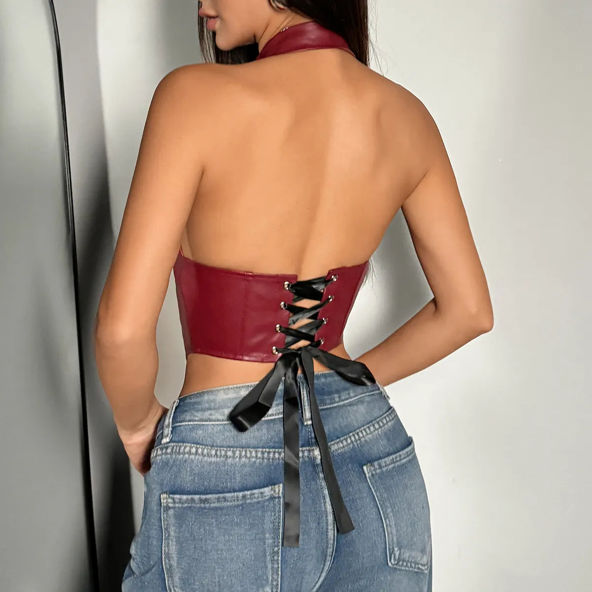 Womens Sexy PU Leather Halter Crop Top Deep V Neck Backless Faux Leather Vest Button Front Pointed Hem Clubwear Burgundy XS - Image 6