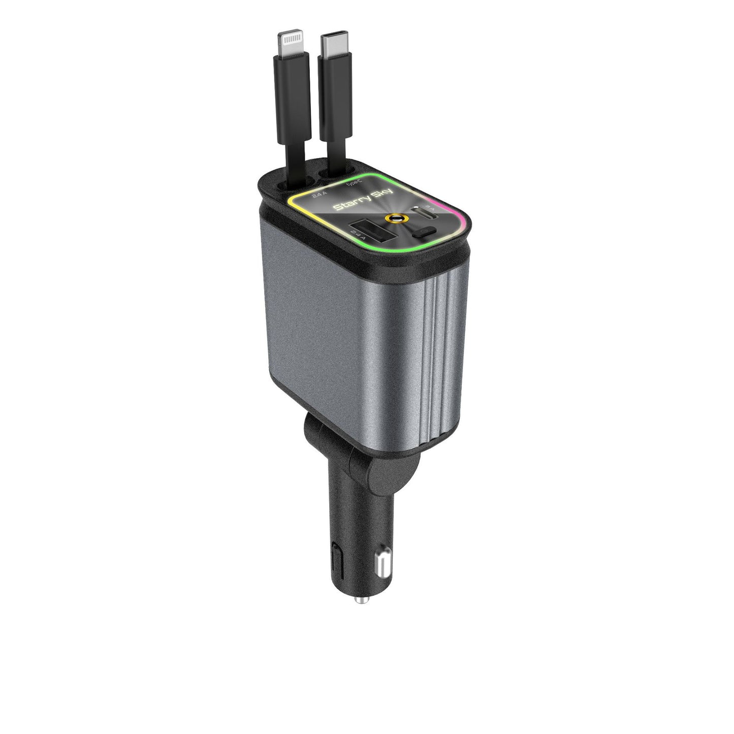 4-in-1 Retractable Car Charger Adapter 120W Max Fast Charging Dual Cables Type-C & Lightning Starry Sky Projector Light 12V-24V for iPhone Samsung - Image 2
