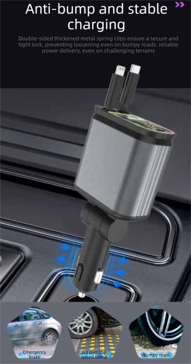 4-in-1 Retractable Car Charger Adapter 120W Max Fast Charging Dual Cables Type-C & Lightning Starry Sky Projector Light 12V-24V for iPhone Samsung - Image 4