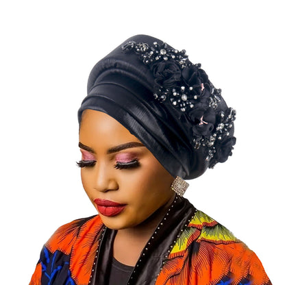 Women's Luxury Black Turban Hat with Beaded Floral Embellishments Pre-Tied African Style Headwrap for Weddings Parties & Special Occasions