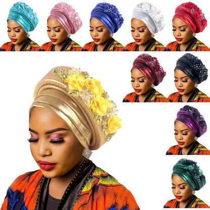 Women's Luxury Black Turban Hat with Beaded Floral Embellishments Pre-Tied African Style Headwrap for Weddings Parties & Special Occasions - Image 3