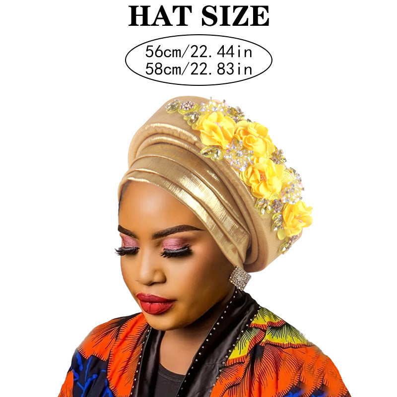 Women's Luxury Gold Turban Hat with Beaded Floral Embellishments Pre-Tied African Style Headwrap for Weddings Parties & Special Occasions - Image 2