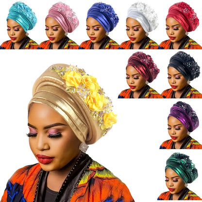 Women's Luxury Lake Blue Turban Hat with Beaded Floral Embellishments Pre-Tied African Style Headwrap for Weddings Parties & Special Occasions - Image 3