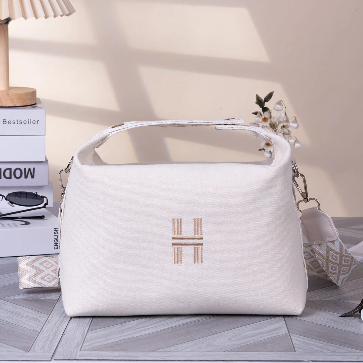 Women's Minimalist Canvas Crossbody Bag with Wide Beige Webbing Strap Casual Shoulder Handbag Large Capacity for Daily Use - Cream White
