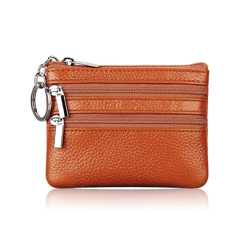 Genuine Leather Coin Purse Mini Wallet with Triple Zipper Pockets Key Ring Holder Pouch for Cash & Cards - Brown