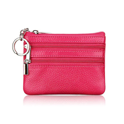 Genuine Leather Coin Purse Mini Wallet with Triple Zipper Pockets Key Ring Holder Pouch for Cash & Cards - Rose Red