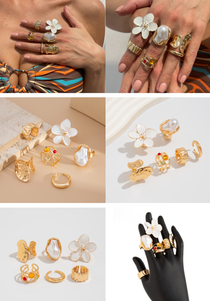 6-Piece Gold Chunky Stackable Ring Set Yellow Enamel Flower & Baroque Pearl - Adjustable Open Finger Jewellery for Women (Light Gold) - Image 5