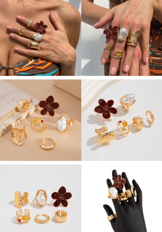 6-Piece Gold Chunky Stackable Ring Set Deep Red Enamel Flower & Baroque Pearl - Adjustable Open Finger Jewellery for Women (Light Gold) - Image 3
