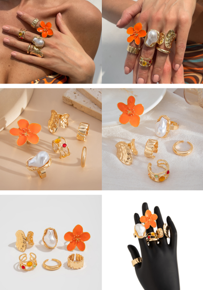 6-Piece Gold Chunky Stackable Ring Set Deep Red Enamel Flower & Baroque Pearl - Adjustable Open Finger Jewellery for Women (Light Gold) - Image 4