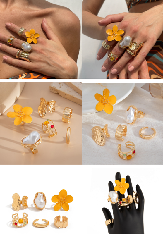 6-Piece Gold Chunky Stackable Ring Set White Enamel Flower & Baroque Pearl - Adjustable Open Finger Jewellery for Women (Light Gold) - Image 2
