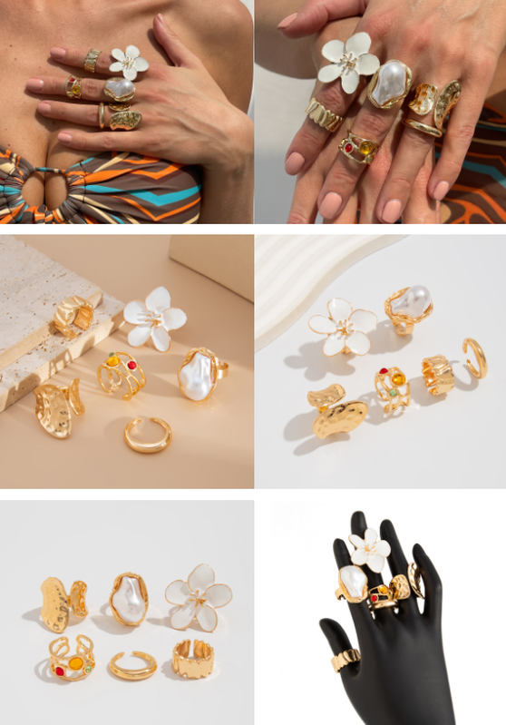 6-Piece Gold Chunky Stackable Ring Set White Enamel Flower & Baroque Pearl - Adjustable Open Finger Jewellery for Women (Light Gold) - Image 5