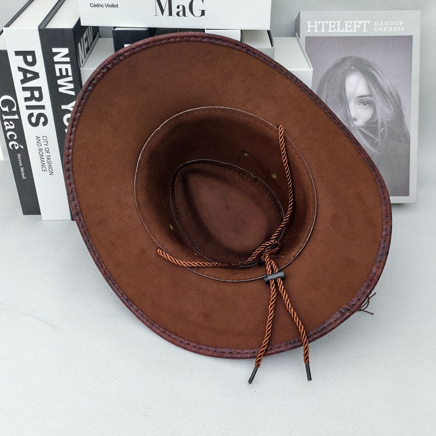 Rustic Western Cowboy Hat - Distressed Faux Leather Look Wide Brim Outback Sun Hat with Bull Head Emblem for Men & Women (Coffee Brown) - Image 3