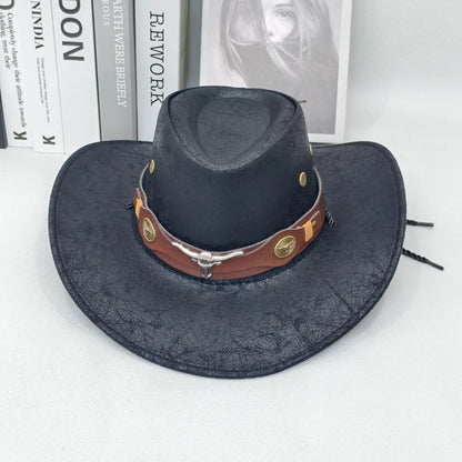 Rustic Western Cowboy Hat - Distressed Faux Leather Look Wide Brim Outback Sun Hat with Bull Head Emblem for Men & Women (Black)