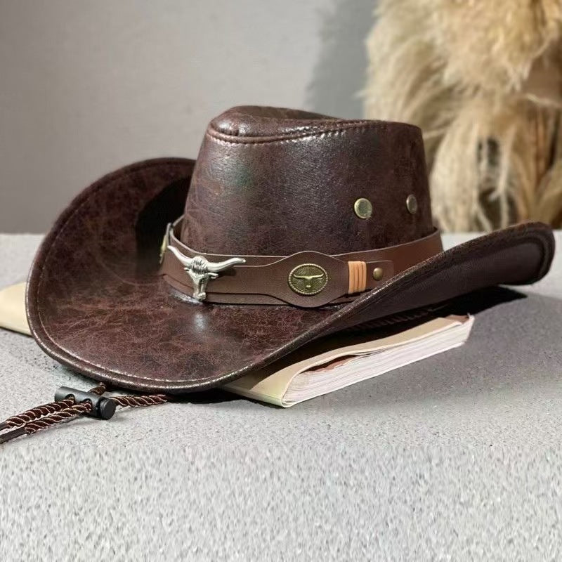 Rustic Western Cowboy Hat - Distressed Faux Leather Look Wide Brim Outback Sun Hat with Bull Head Emblem for Men & Women (Black) - Image 2