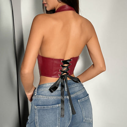 Womens Sexy PU Leather Halter Crop Top Deep V Neck Backless Faux Leather Vest Button Front Pointed Hem Clubwear Brown S - Image 6
