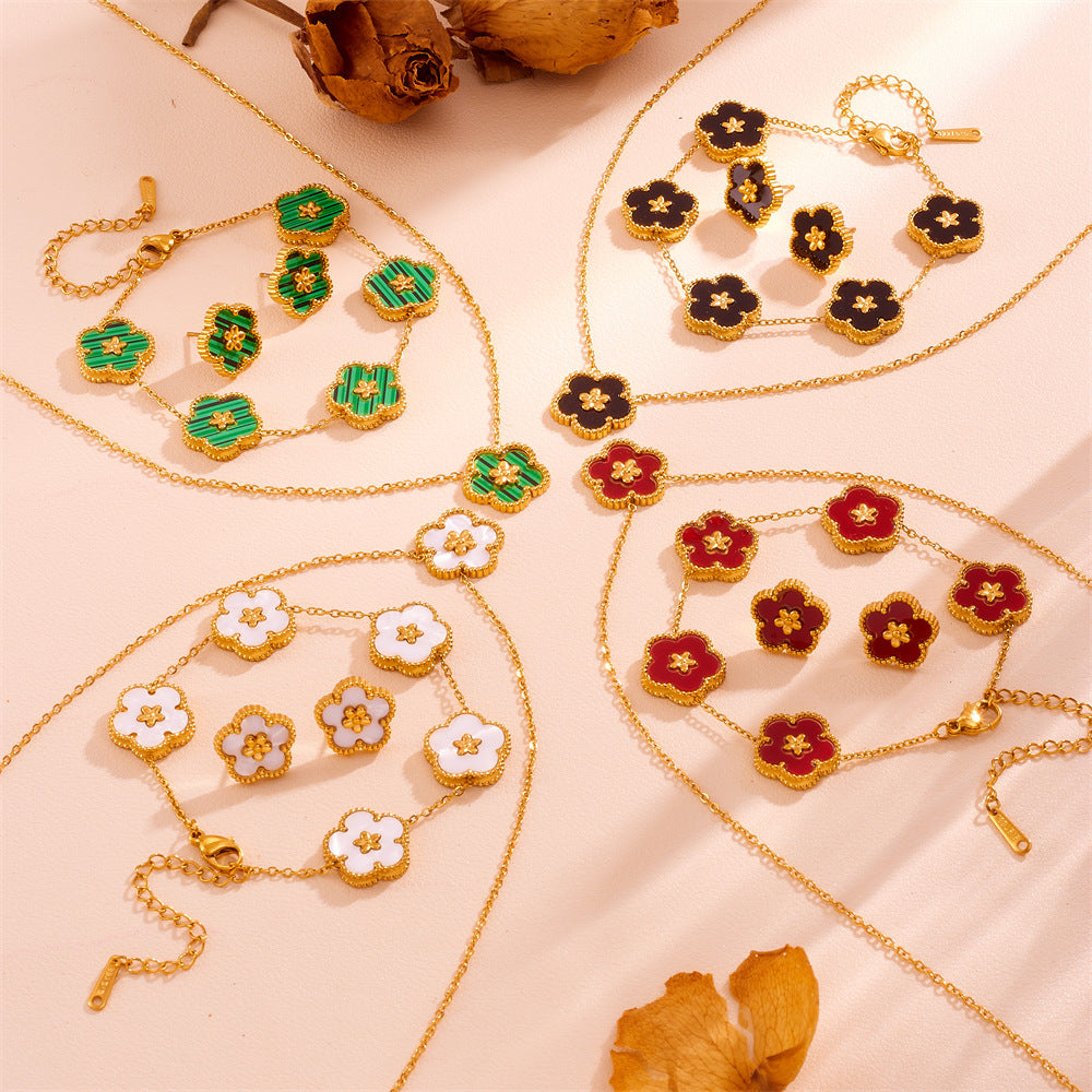 3-Piece Floral Jewellery Set (Green Shell Style) - Gold Plated Stainless Steel 5-Petal Flower Necklace, Bracelet & Earrings - Tarnish Free & Hypoallergenic Gift for Women - Image 2