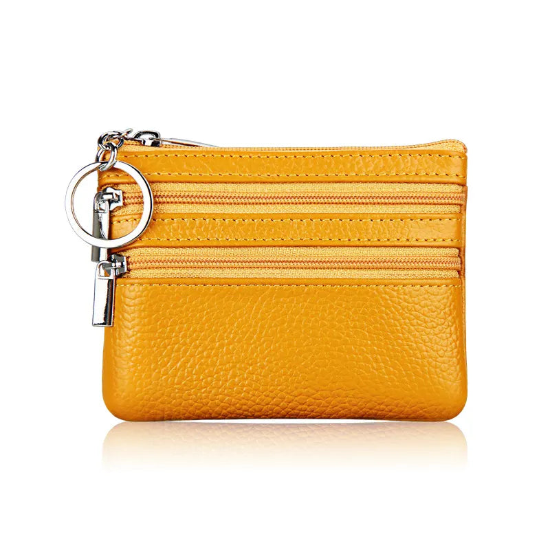 Genuine Leather Coin Purse Mini Wallet with Triple Zipper Pockets Key Ring Holder Pouch for Cash & Cards - Yellow