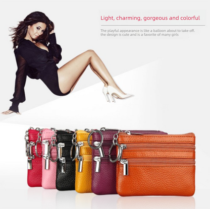 Genuine Leather Coin Purse Mini Wallet with Triple Zipper Pockets Key Ring Holder Pouch for Cash & Cards - Yellow - Image 2
