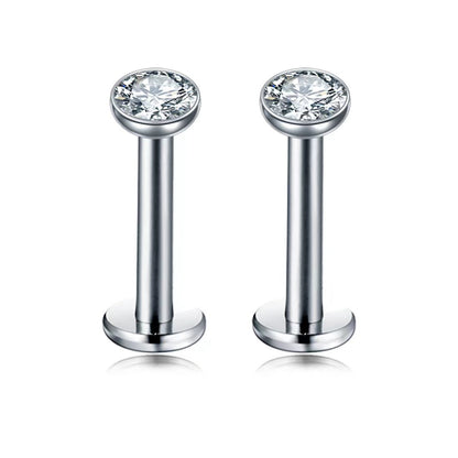 2 PCS Internally Threaded Labret Studs - 16G 8mm Stainless Steel Flat Back with 3mm CZ Crystal - Silver Tone Body Piercing for Lip Tragus Helix