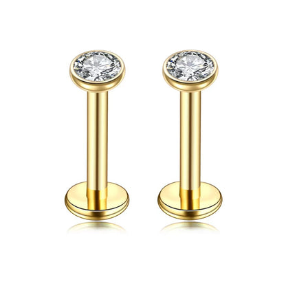 2 PCS Internally Threaded Labret Studs - 16G 8mm Stainless Steel Flat Back with 3mm CZ Crystal - Gold Tone Body Piercing for Lip Tragus Helix